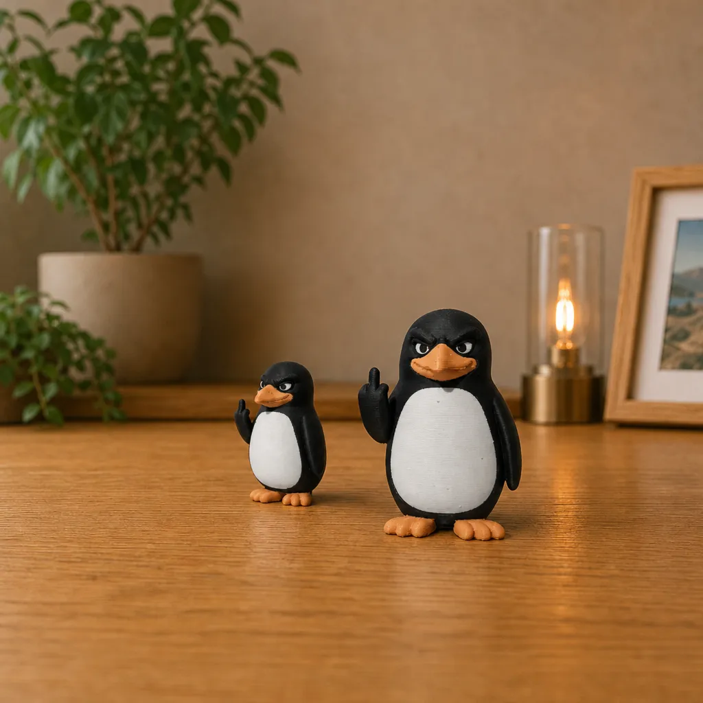Twee pinguïnfiguren van verschillend formaat staan naast elkaar op een houten plank bij een lamp.