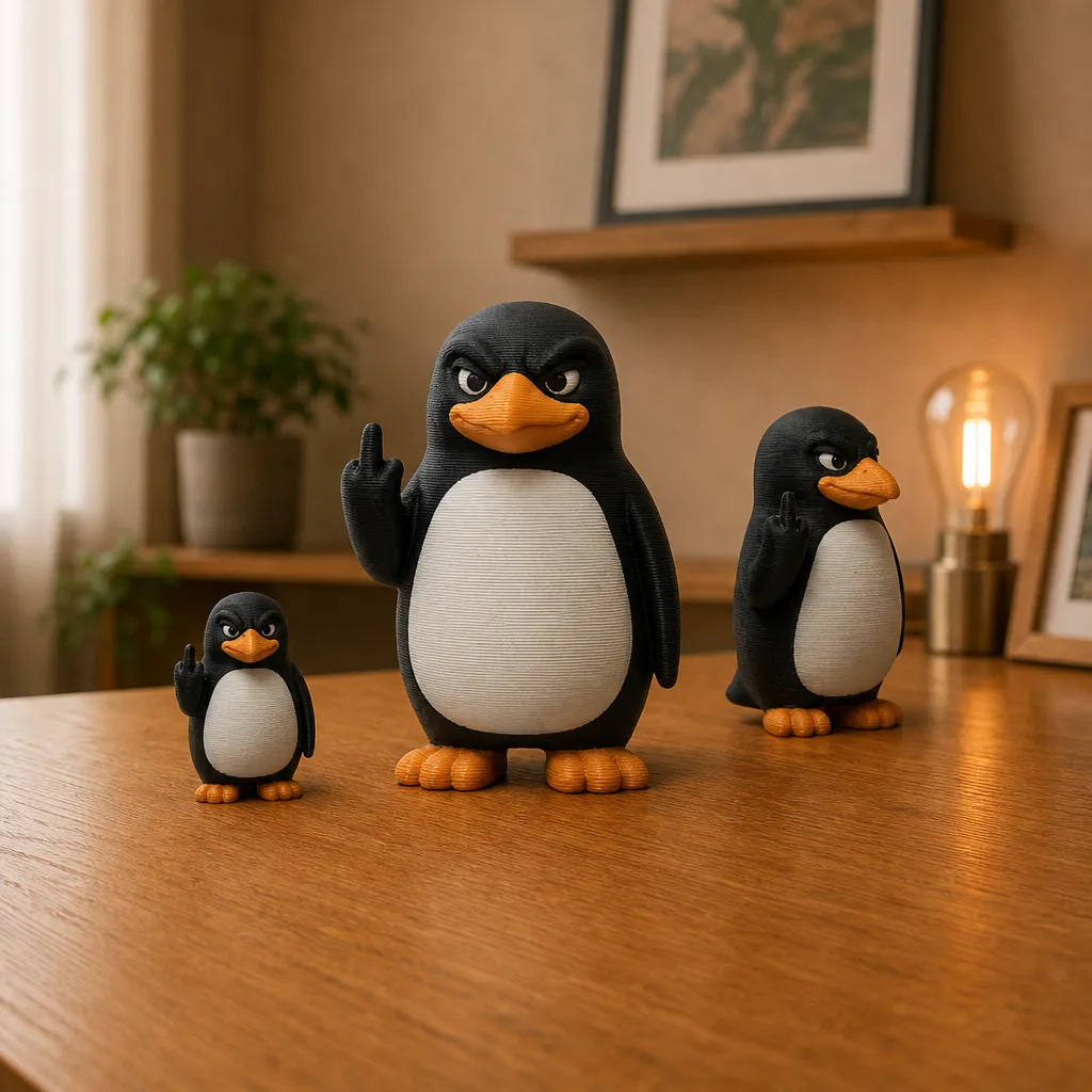 Drie pinguïnfiguren in verschillende formaten staan op een houten tafel; de middelste kijkt recht vooruit.