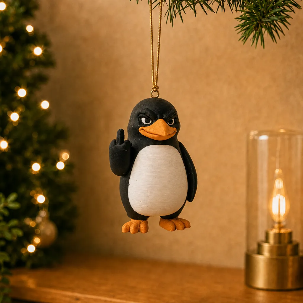Pinguïn met attitude hangt aan een goudkleurig koord, met opgestoken vleugel voor een verlichte kerstboom.