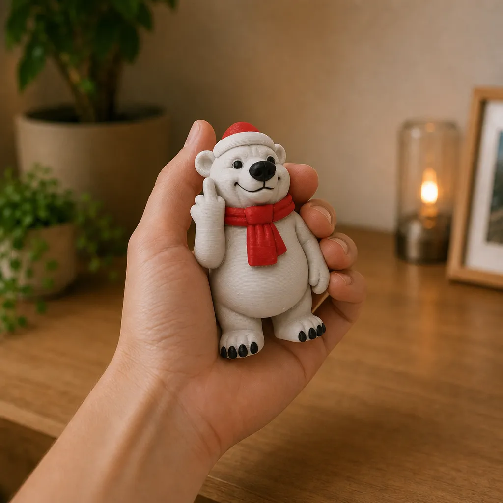 IJsbeerfiguur met kerstmuts en rode sjaal in een hand gehouden, met opgestoken middelvinger.