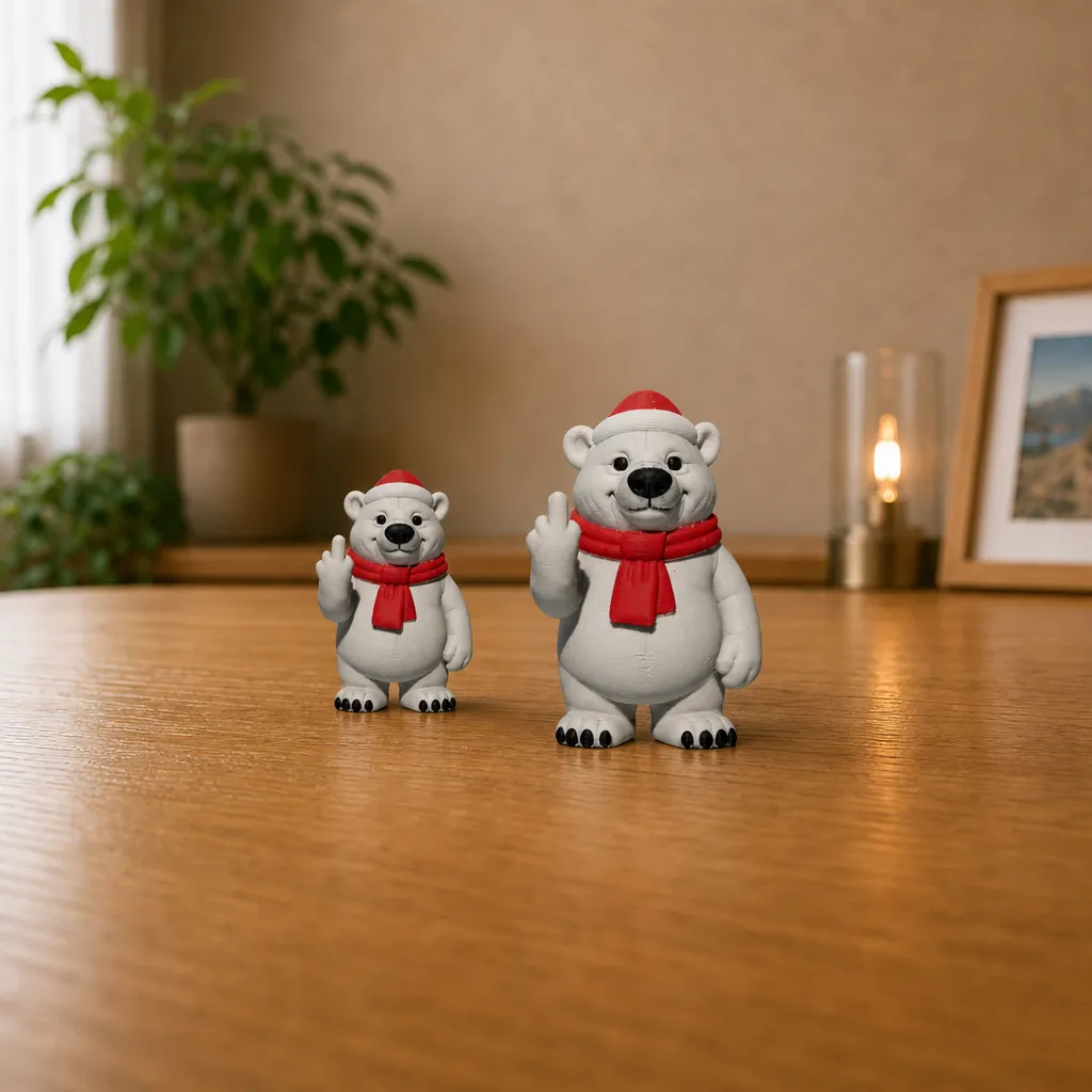 Twee witte ijsbeerfiguren met rode sjaals op een houten bureau, waarbij de grotere figuur de middelvinger opsteekt.