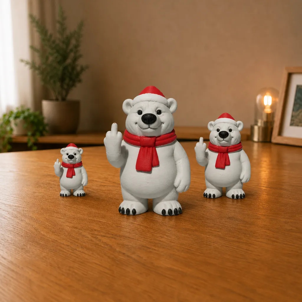 Drie ijsbeerfiguren op een houten bureau met rode kerstmutsen en sjaals, de middelste ijsbeer staat vooraan.