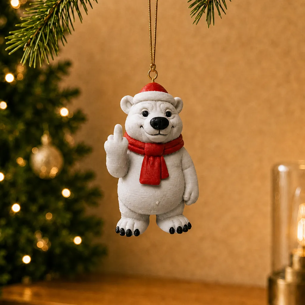 Hangende ijsbeer met kerstmuts, rode sjaal en opgestoken middelvinger voor een verlichte kerstboom.