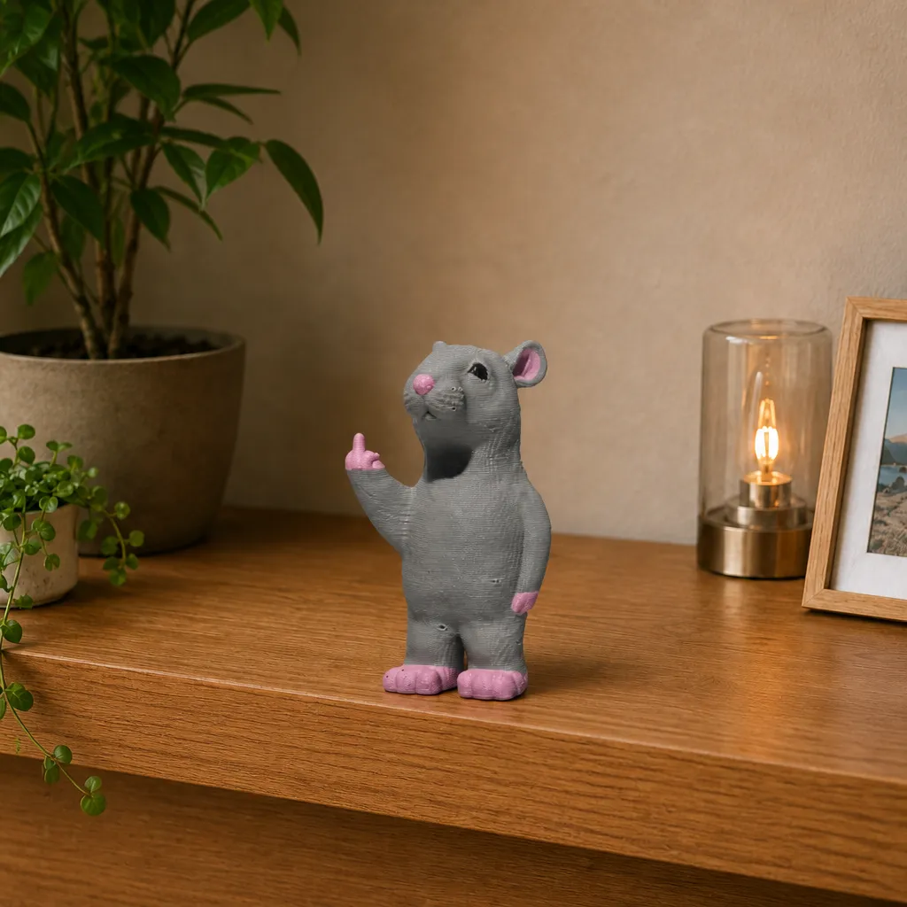 Staand rattenbeeldje met opgestoken middelvinger op een houten plank, naast een plant en brandende lamp.