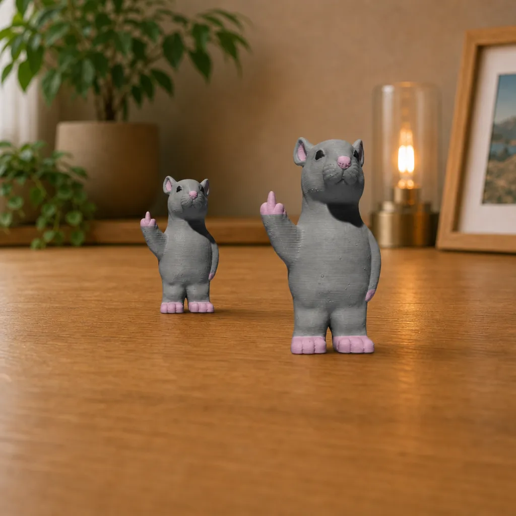 Twee grijze rattenbeeldjes met opgestoken middelvinger naast elkaar op een houten plank.