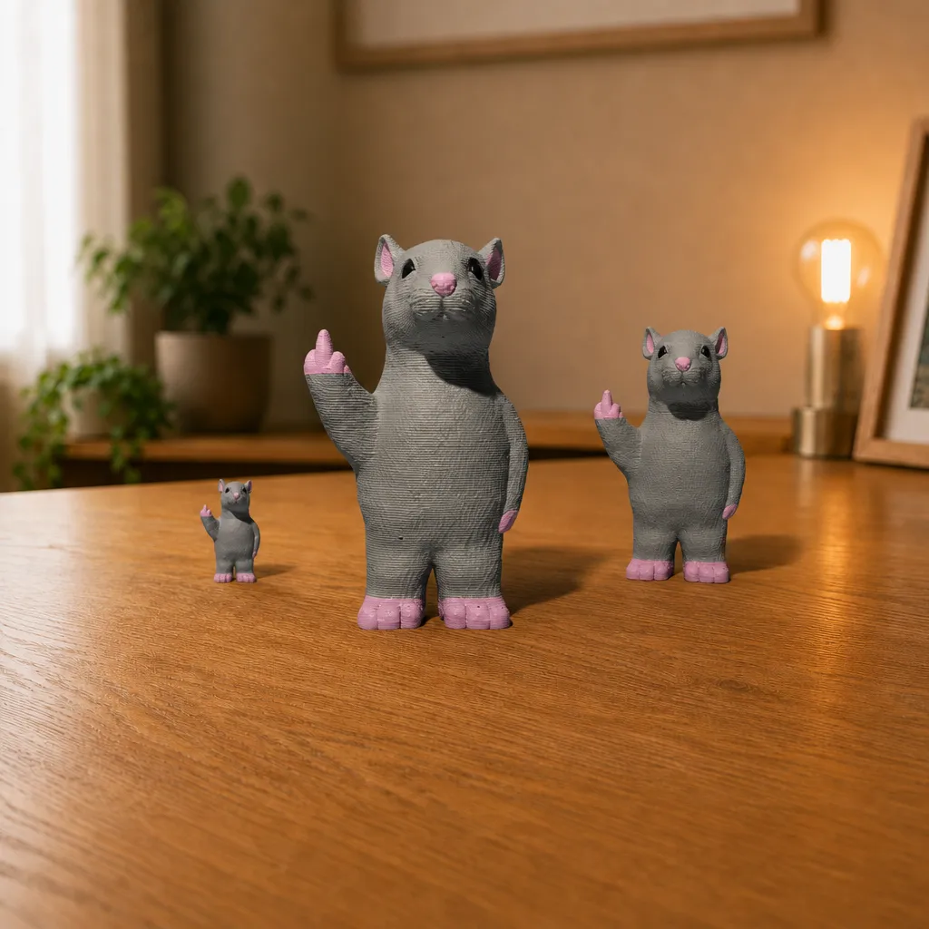 Drie rattenbeeldjes in verschillende groottes met roze poten en opgestoken middelvinger op een houten bureau.
