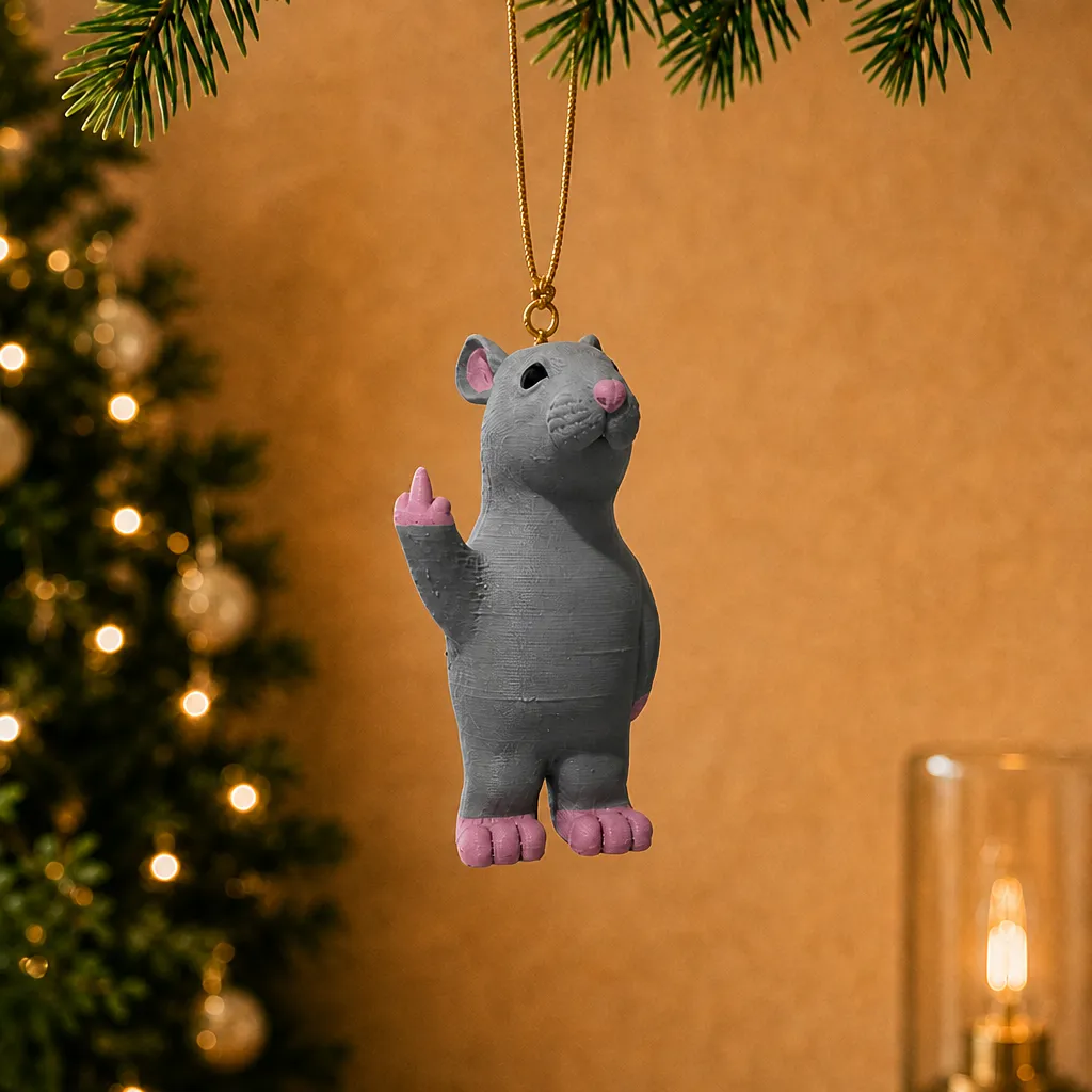 Rattenbeeldje met opgestoken middelvinger hangt aan een gouden koord voor een verlichte kerstboom.