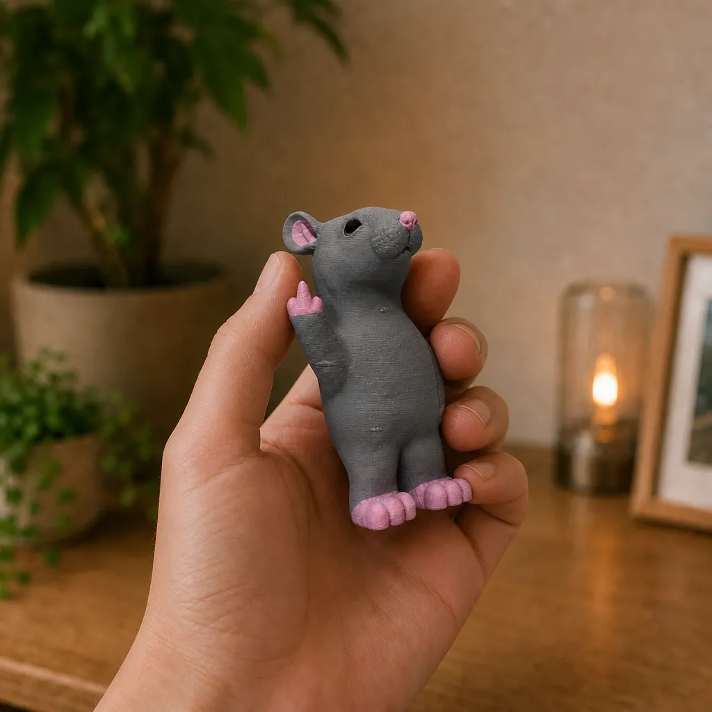 Rattenbeeldje met roze neus, poten en opgestoken middelvinger, vastgehouden in een hand.