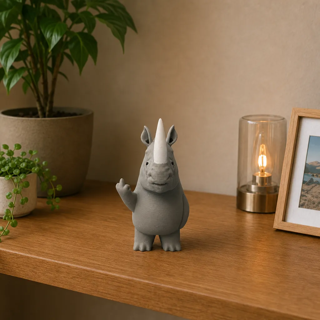 Neushoornbeeldje op een houten plank, met opgeheven hand naast een plant, lamp en ingelijste foto.