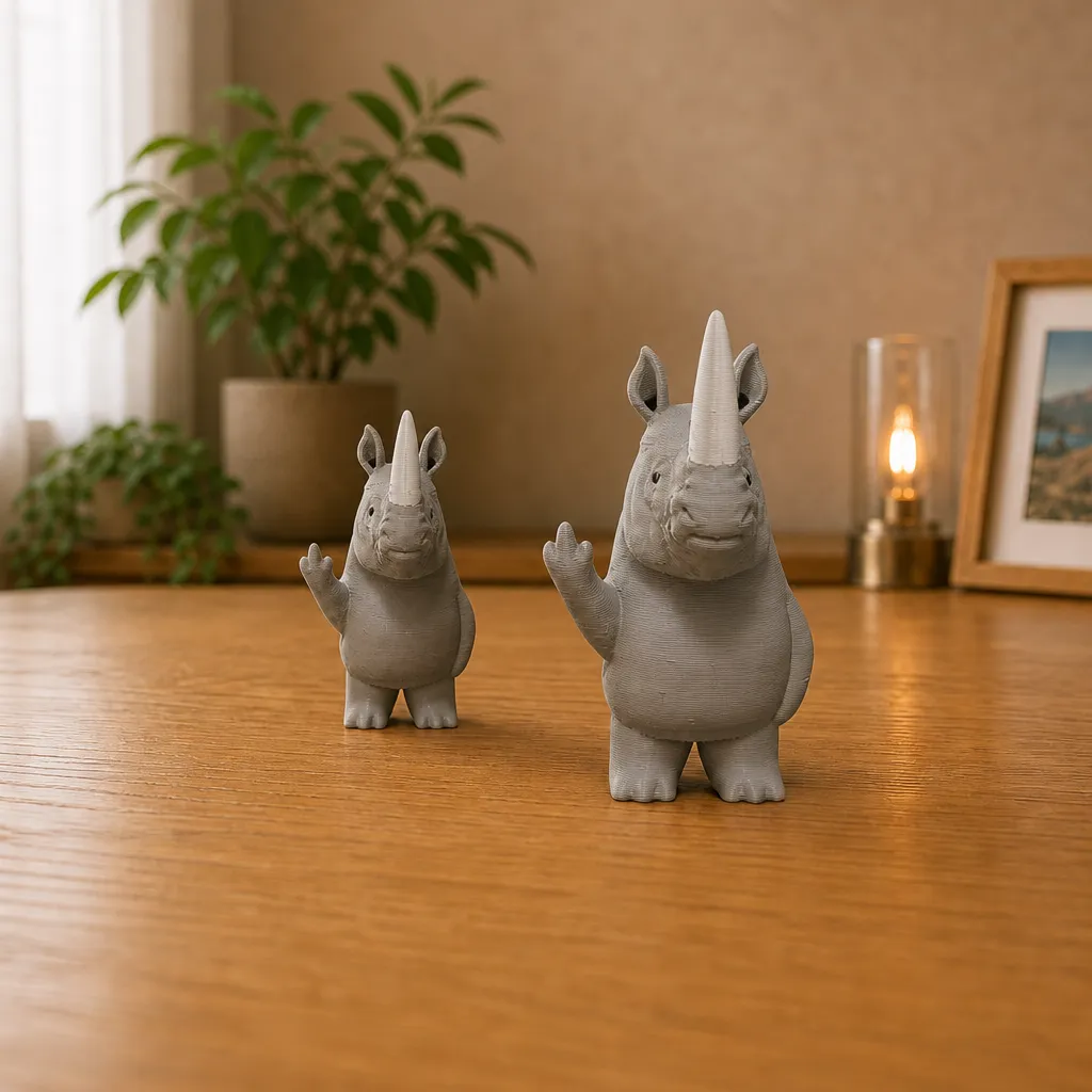Twee grijze neushoornbeeldjes met witte hoorn en opgeheven hand staan naast elkaar op een houten tafel.