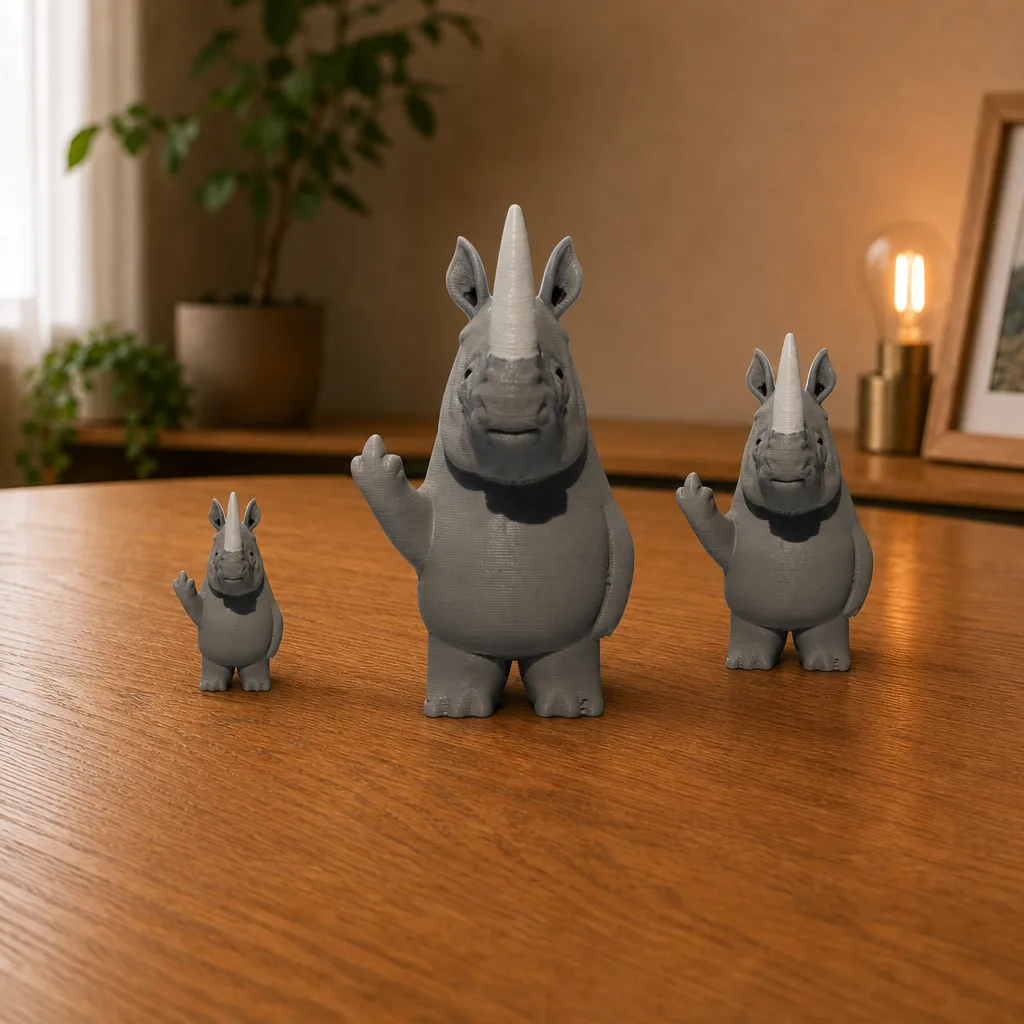 Drie grijze neushoornbeeldjes met opgeheven hand staan op rij op een houten bureau.