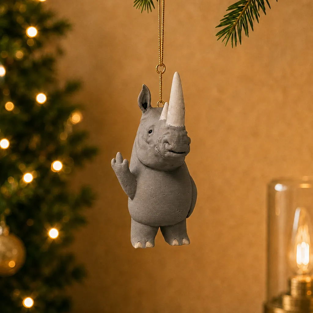 Grijs neushoornbeeldje met witte hoorn hangt aan een koord voor een verlichte kerstboom.