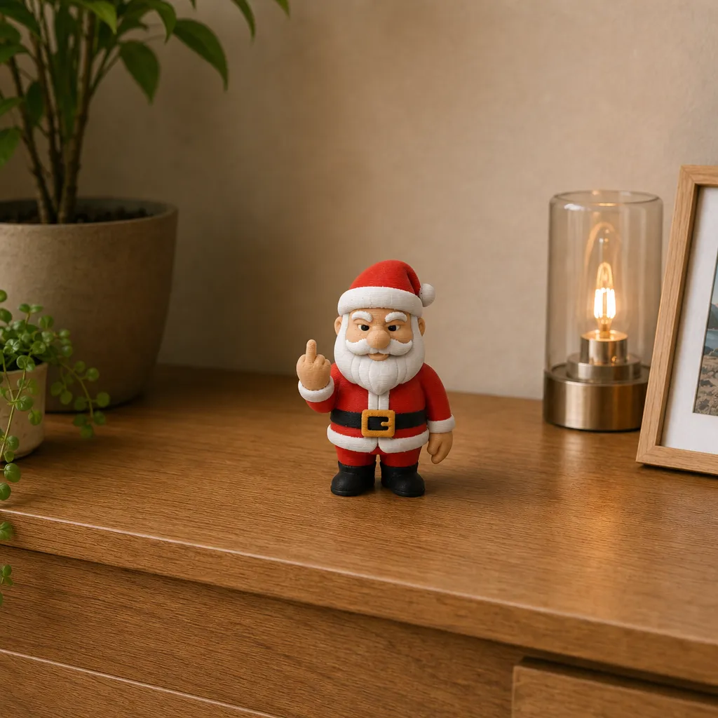 Driekwart van links toont deze 3D-geprinte kerstman met attitude, perfect als humoristisch plankstuk op je bureau, gemaakt van PLA.