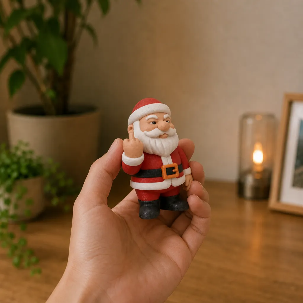 Driekwart van rechts toont deze 3D-geprinte kerstman in PLA met opgestoken middelvinger, perfect als humoristische bureau decoratie