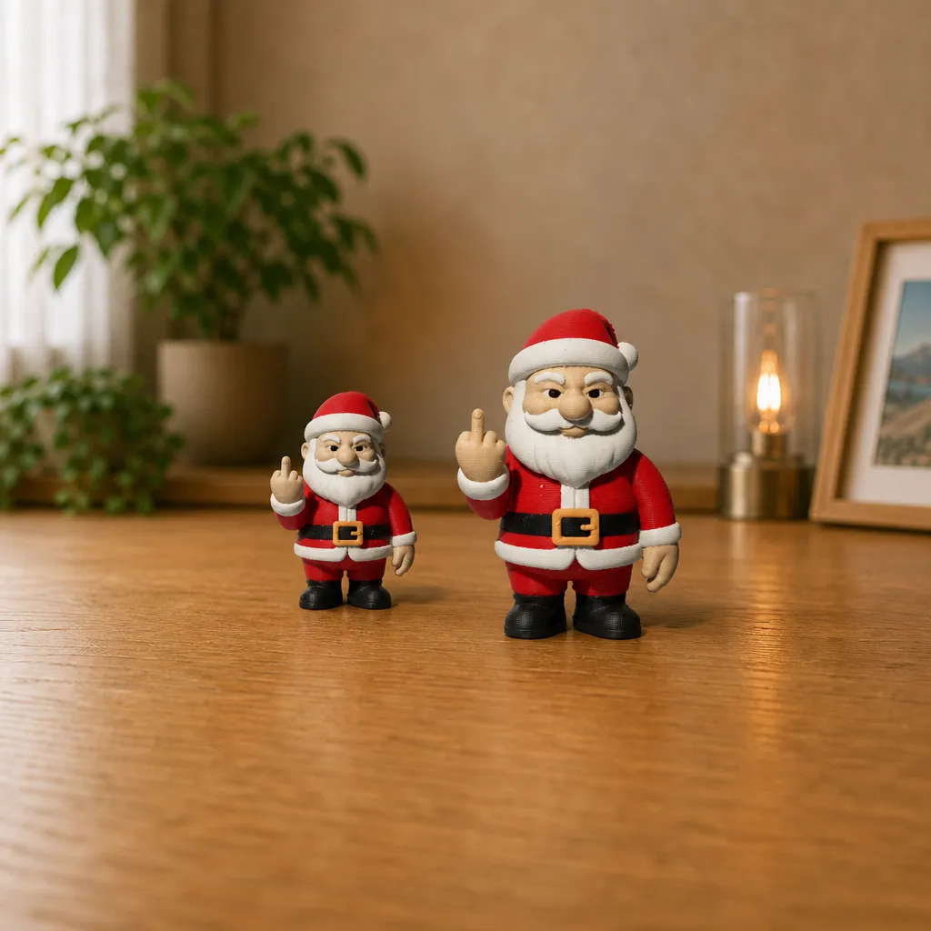 Driekwart zicht op twee 3D-geprinte kerstmannen van PLA op een bureau, elk met een opgestoken middelvinger voor een humoristische touch