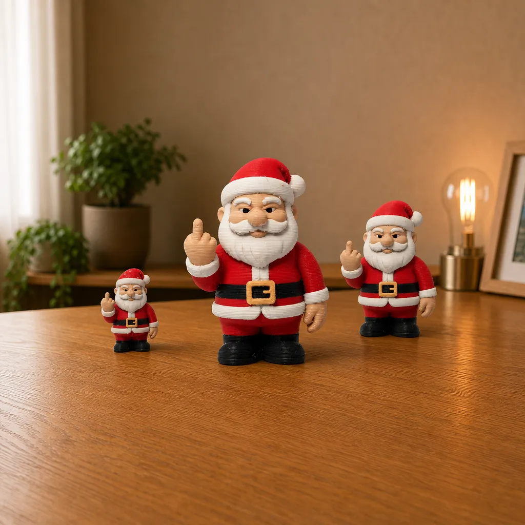 Drie formaten van de 3D-geprinte kerstman met opgestoken middelvinger op een bureau, perfect als humoristische bureau decoratie.