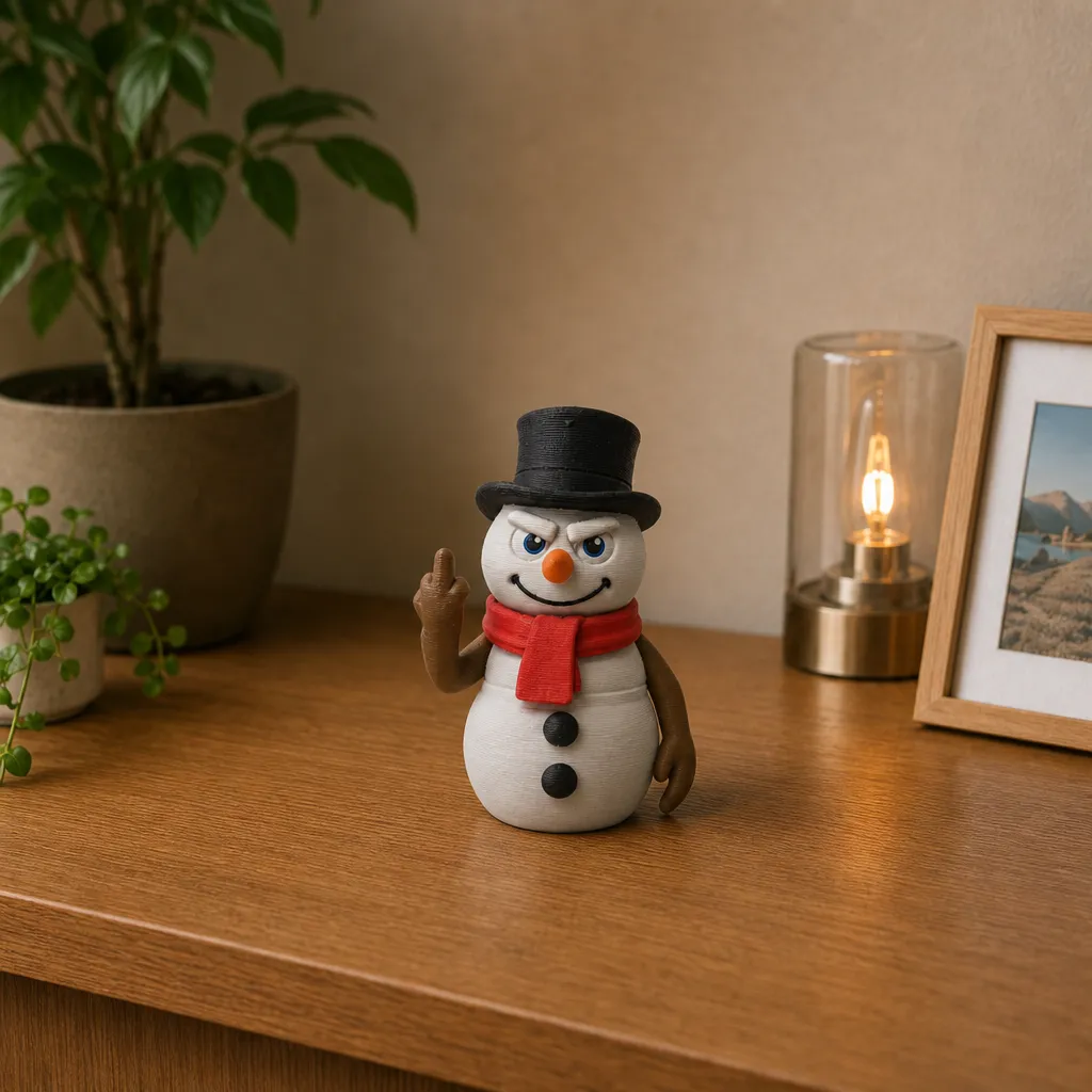 Driekwart van links toont deze 3D-geprinte sneeuwman met attitude als humoristisch plankstuk, perfect voor bureau decoratie.