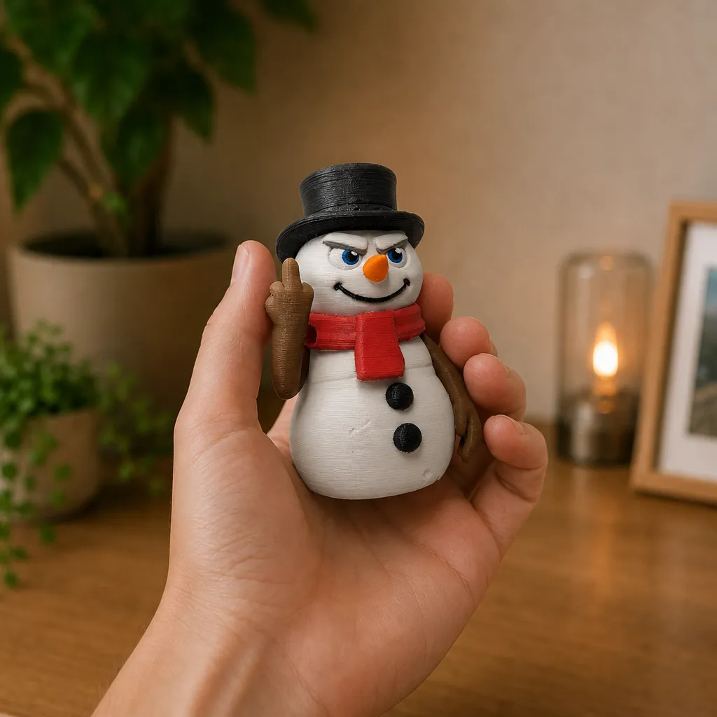 Driekwart van rechts toont de 3D-geprinte sneeuwman met attitude, gemaakt van PLA, perfect als humoristisch plankstuk voor je bureau