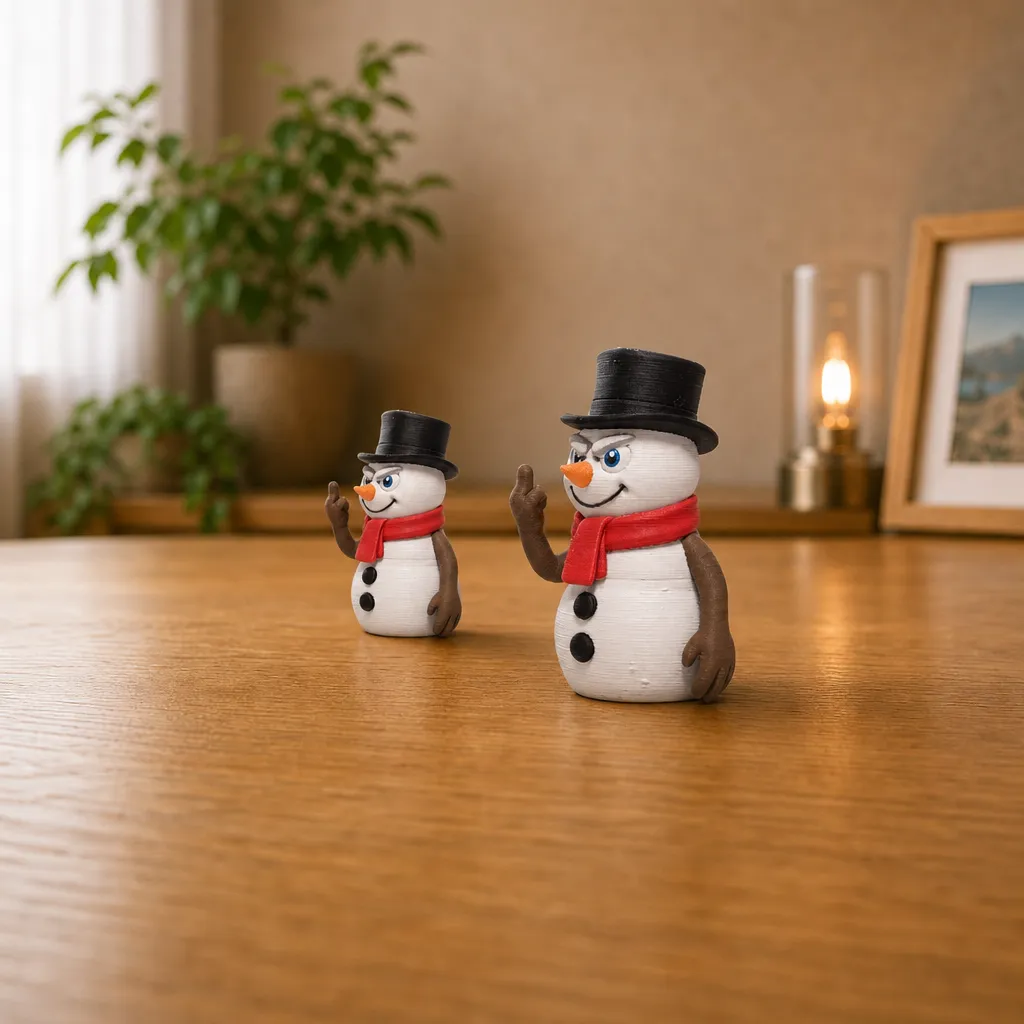 Driekwartaanzicht van twee 3D-geprinte sneeuwmannen met attitude op een bureau, gemaakt van PLA, ideaal als humoristisch plankstuk.