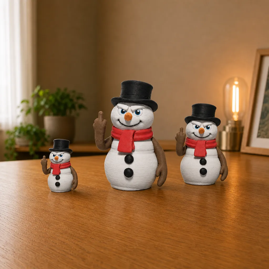 Drie verschillende formaten van de 3D-geprinte sneeuwman met attitude op een bureau, gemaakt van PLA, perfect als humoristisch plankstuk