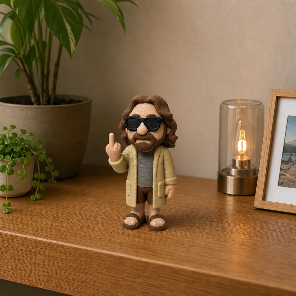Mannenfiguur met opgestoken middelvinger op een houten plank, naast een plant, lamp en ingelijste foto.