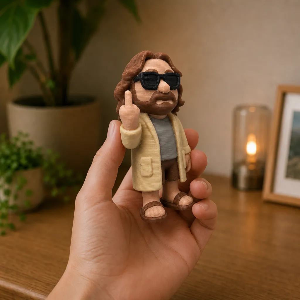 Mannenfiguur met zonnebril en opgestoken middelvinger wordt voor schaal in een hand vastgehouden.