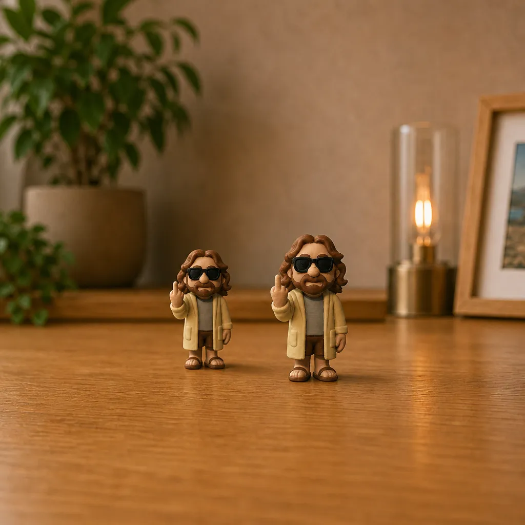 Twee mannenfiguren met zonnebril en opgestoken middelvinger staan naast elkaar op een houten plank.