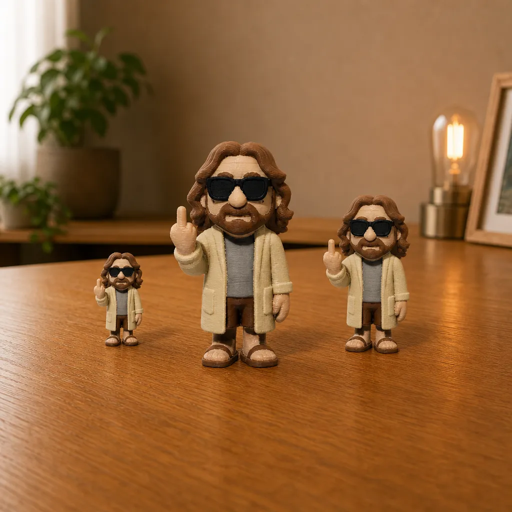 Drie mannenfiguren met zonnebril en opgestoken middelvinger in verschillende formaten op een houten bureau.