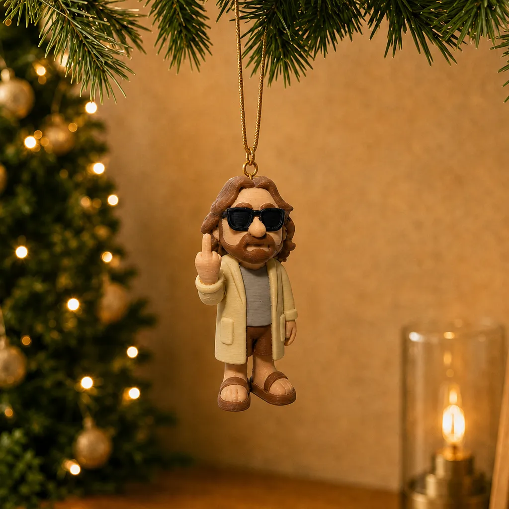 Mannenfiguur met zonnebril en opgestoken middelvinger hangt aan een gouden koord voor een verlichte kerstboom.