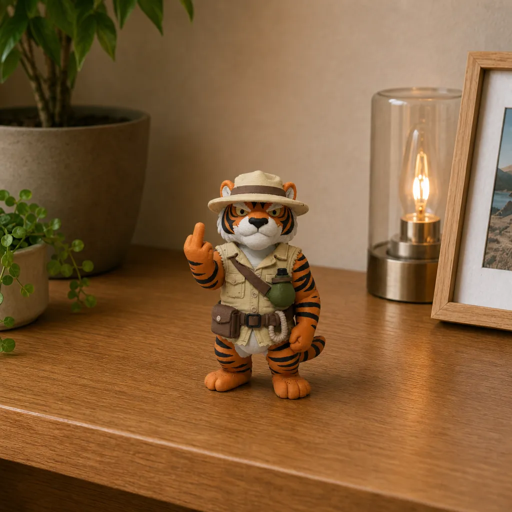 Tijgerbeeldje met attitude en opgestoken middelvinger op een houten bureau, naast een brandende tafellamp.