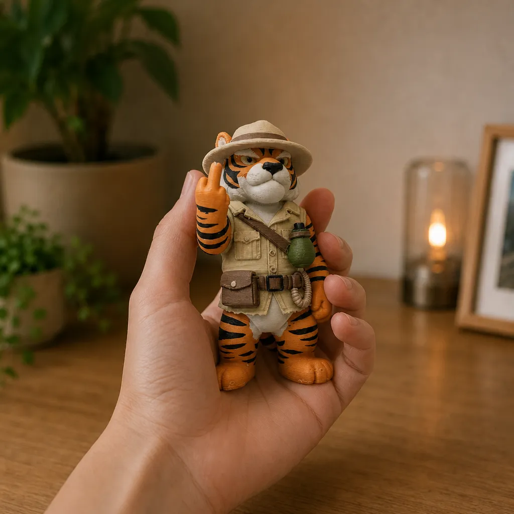 Klein tijgerbeeldje met opgestoken middelvinger dat in een hand wordt vastgehouden, met safaripet en riemtas.