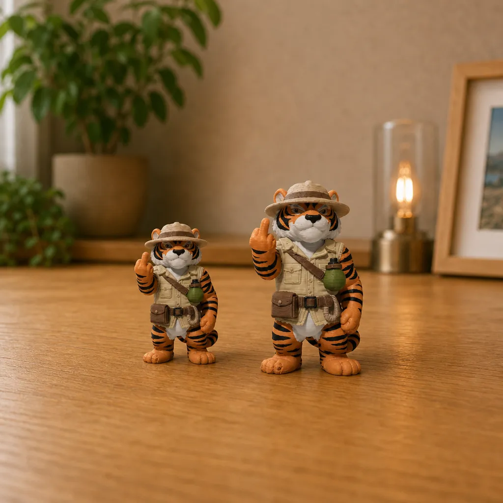 Twee tijgerbeeldjes met opgestoken middelvinger naast elkaar op tafel, waarbij het linker beeldje kleiner is.
