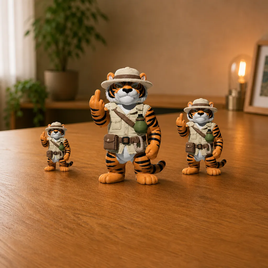 Drie tijgerbeeldjes met attitude en opgestoken middelvinger in verschillende formaten op een houten tafel.