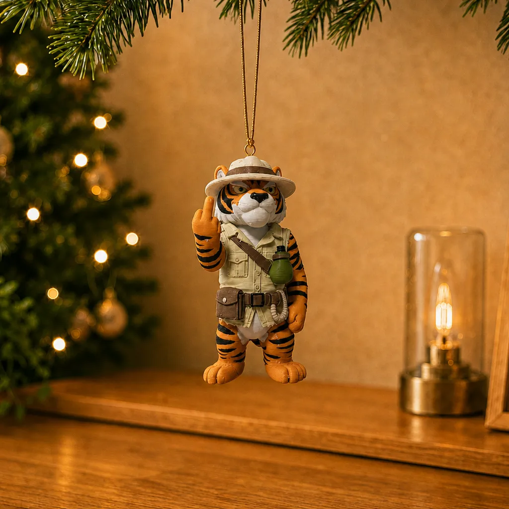 Tijgerbeeldje met opgestoken middelvinger dat aan een koord hangt, voor een verlichte kerstboom.