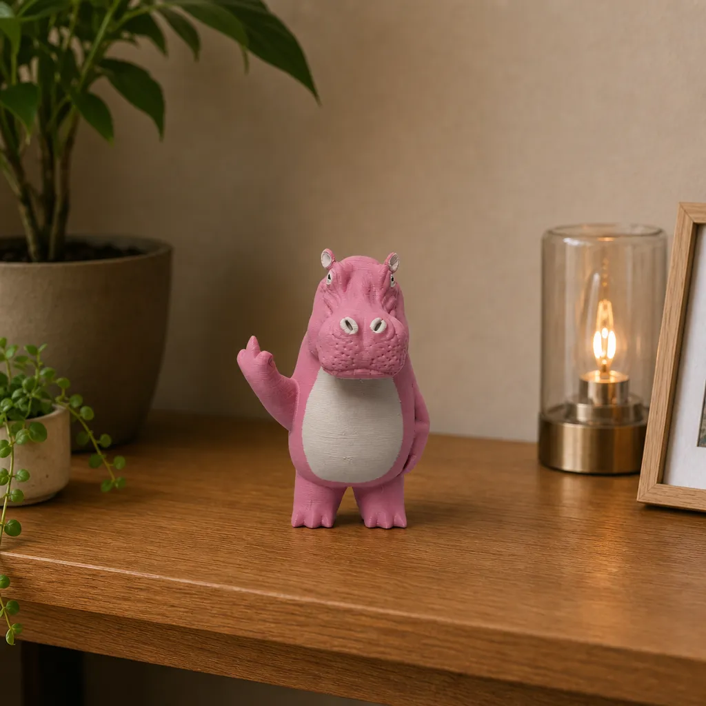 Nijlpaardbeeldje met attitude staat recht van voren op een houten plank, naast een plant en lamp.