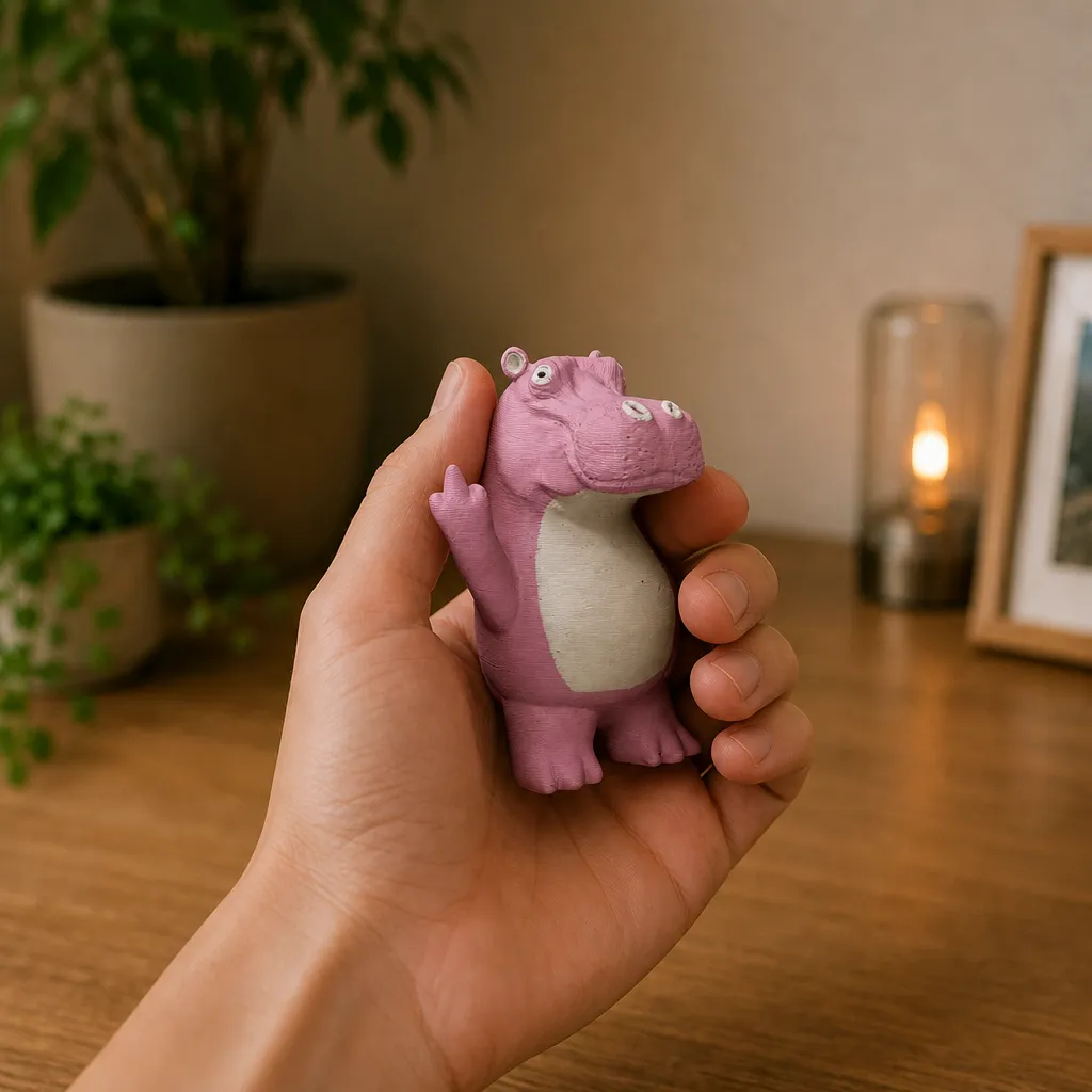 Een hand houdt het roze nijlpaardbeeldje met witte buik en omhooggestoken hand vast.