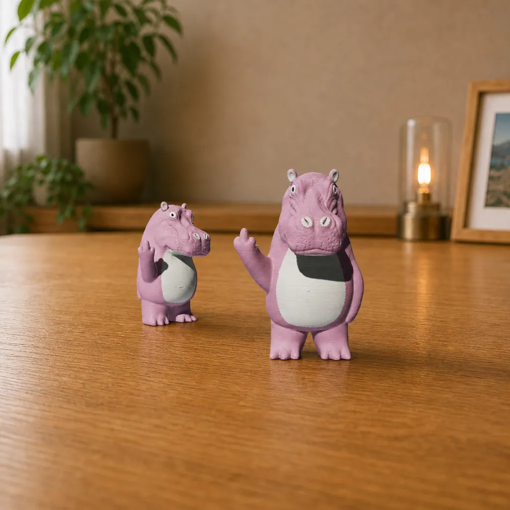 Twee roze nijlpaardbeeldjes op een houten bureau, waarvan het grootste exemplaar een hand opsteekt.