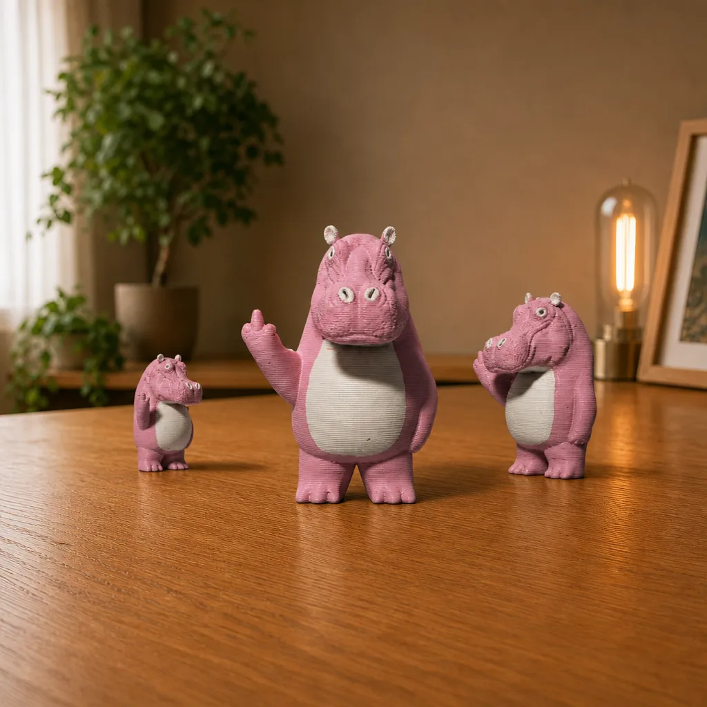Drie roze nijlpaardbeeldjes op een bureau, met het exemplaar met opgeheven hand in het midden.
