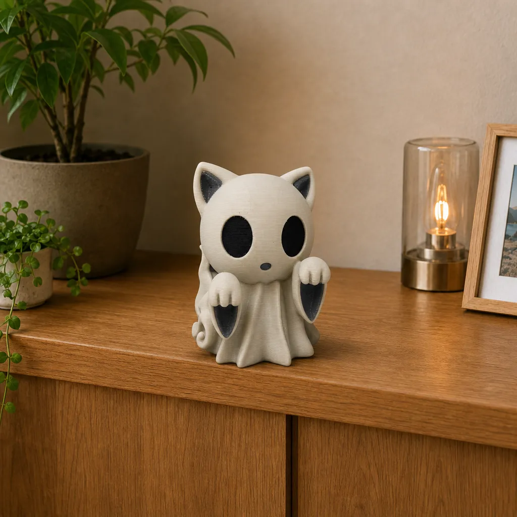 Spookkat als kantoorhumor op een houten plank naast een plant, lamp en ingelijste foto, met één poot opgetild.