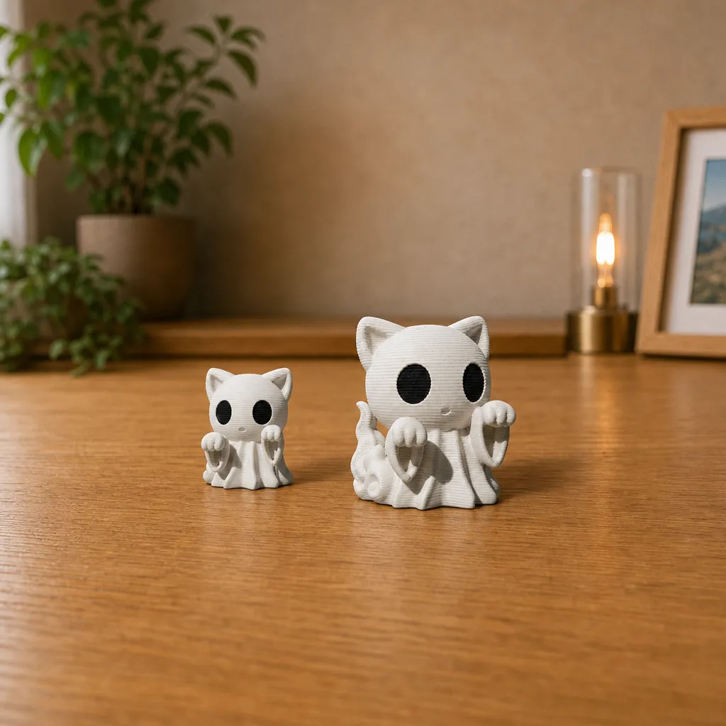 Twee spookkatten naast elkaar op een houten plank, waarbij de kleinere links en de grotere rechts staat.