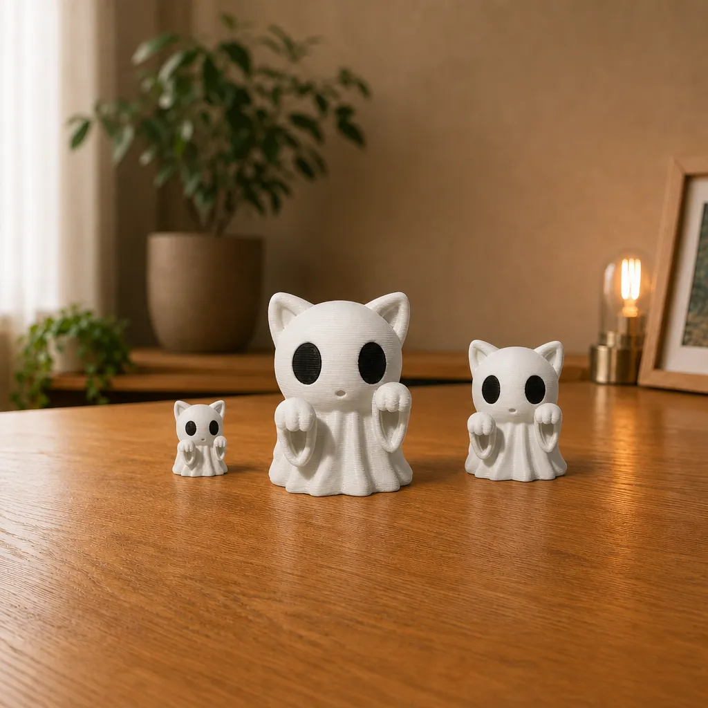 Drie spookkatten als bureau decoratie op een houten plank, opgesteld van klein naar groot met de grootste in het midden.