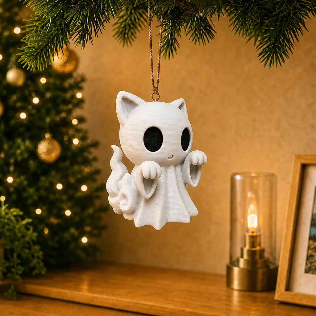 Spookkat met attitude hangend aan een goudkleurig koord onder dennentakken, met een verlichte kerstboom op de achtergrond.