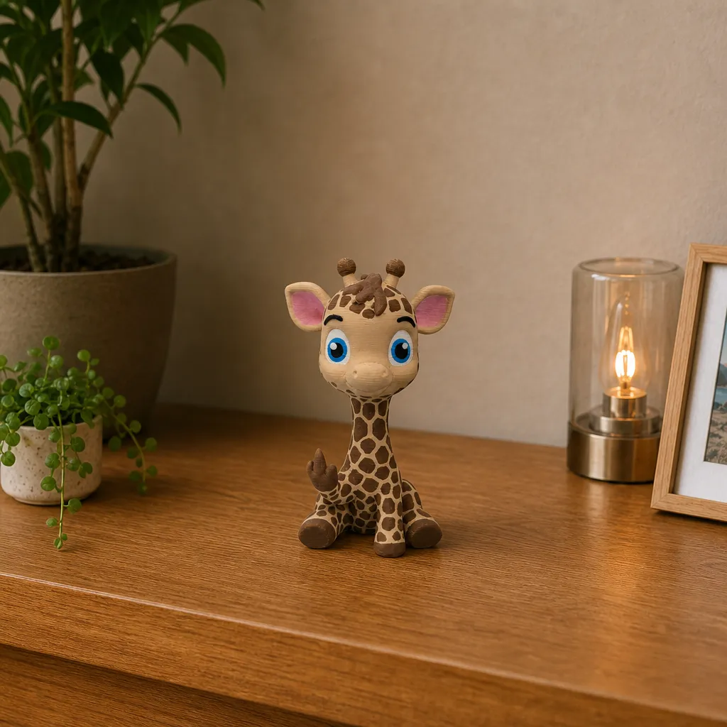 Babygiraffe decoratie op een houten plank, gefotografeerd naast een plantje, brandende lamp en ingelijste afbeelding.