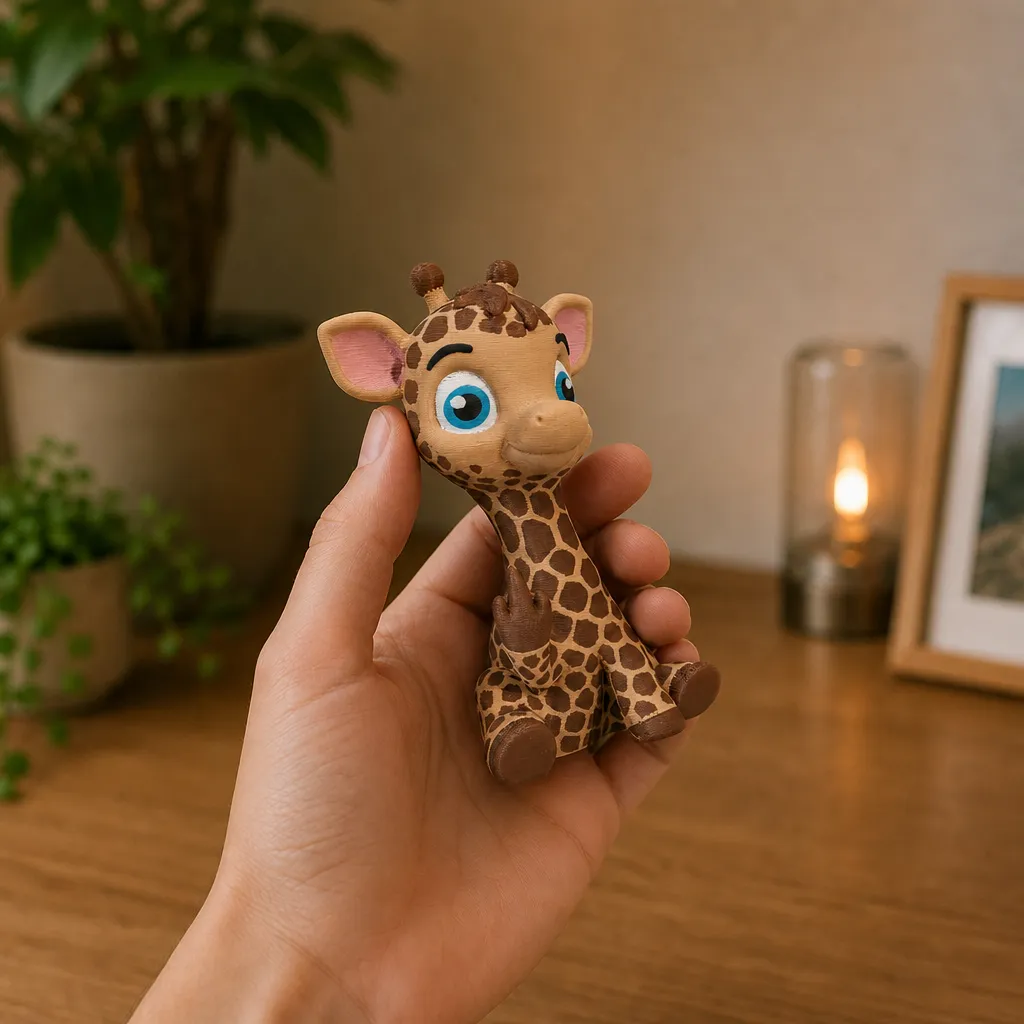 Babygiraffe bureaubeeldje met gevlekte hals en blauwe ogen, rechtop vastgehouden in één hand.