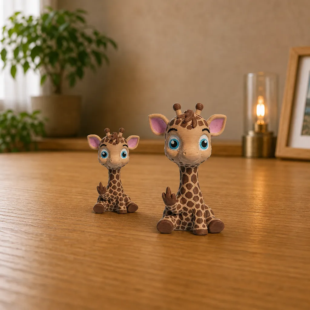 Twee babygiraffe beeldjes van verschillend formaat naast elkaar op een houten plank, beide met opgeheven hoefje.