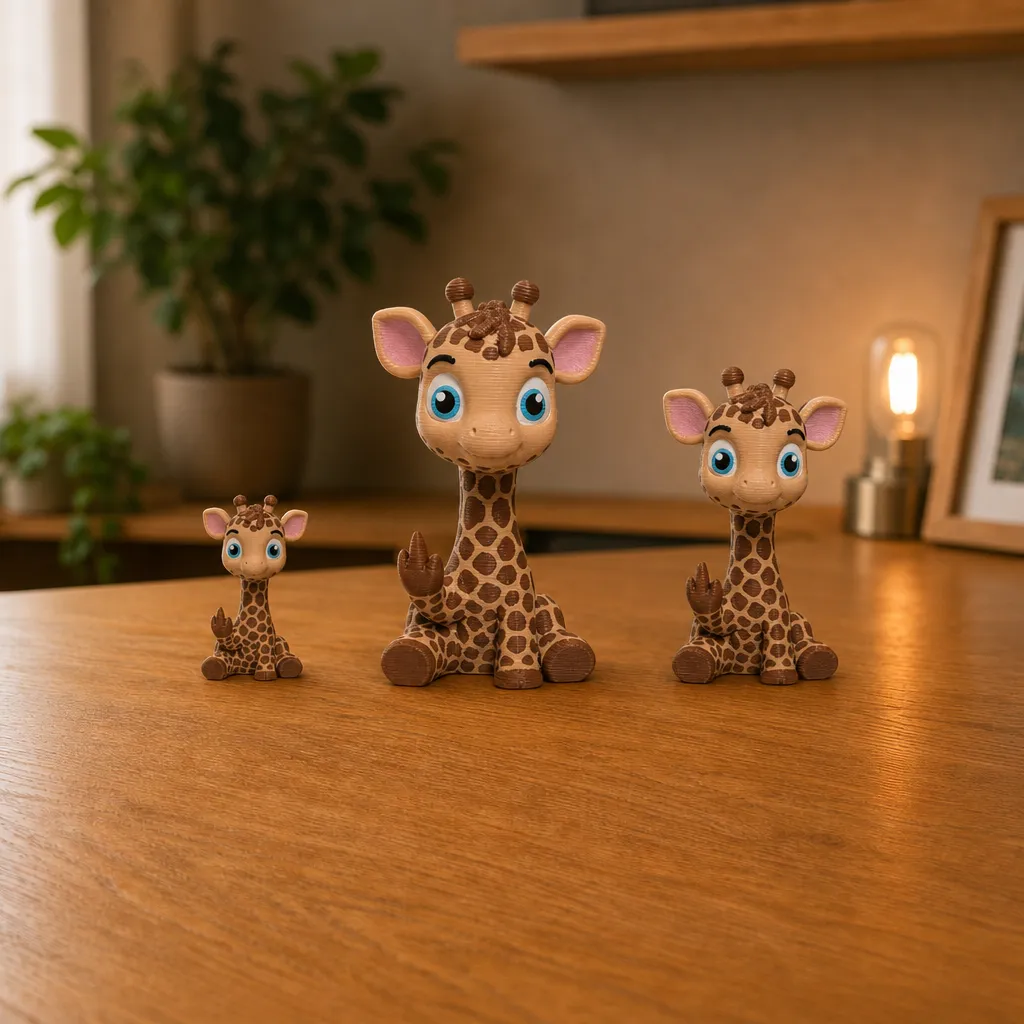 Drie babygiraffe decoraties in oplopende formaten op een houten bureau, met een lamp op de achtergrond.
