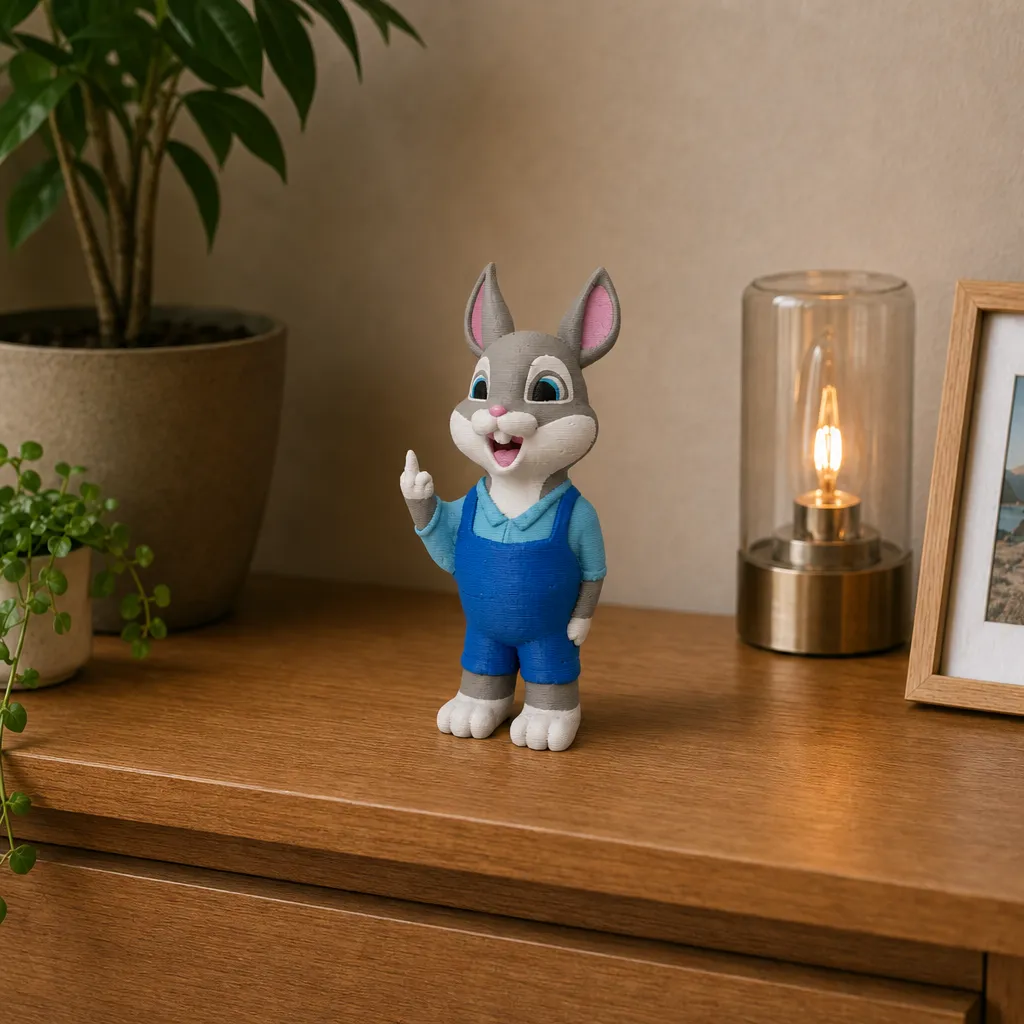 Konijn als plankdecoratie op een houten kast, naast een brandende lamp en een ingelijste foto.