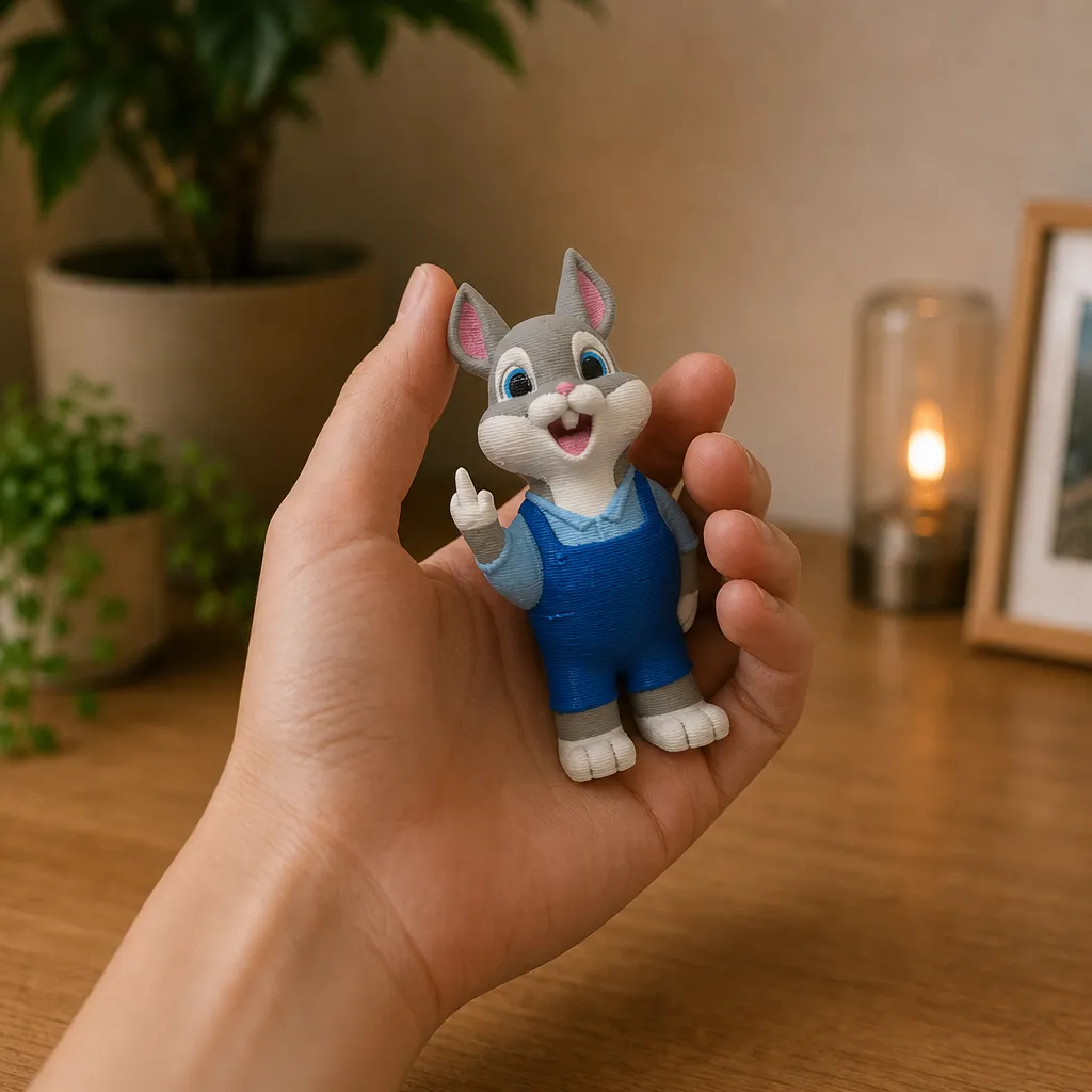 Brutaal konijnfiguur in blauwe tuinbroek, van voren zichtbaar terwijl het in een hand wordt vastgehouden.