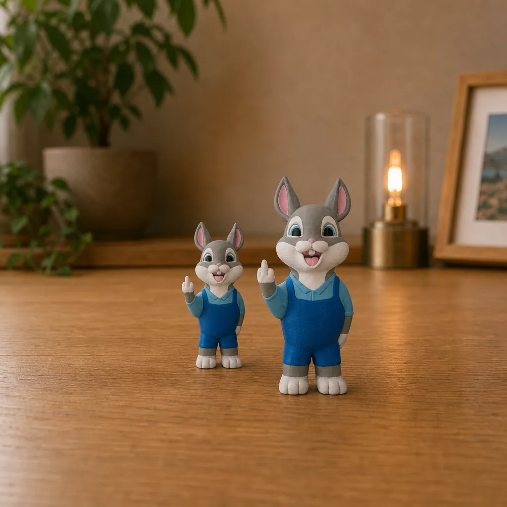 Twee konijnfiguren met opgeheven vinger naast elkaar op een houten tafel, waarbij de rechter groter is.