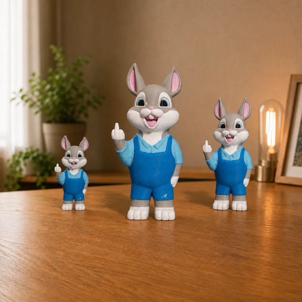 Drie konijnfiguren in verschillende formaten op een houten tafel, allemaal met blauwe tuinbroek en opgeheven vinger.